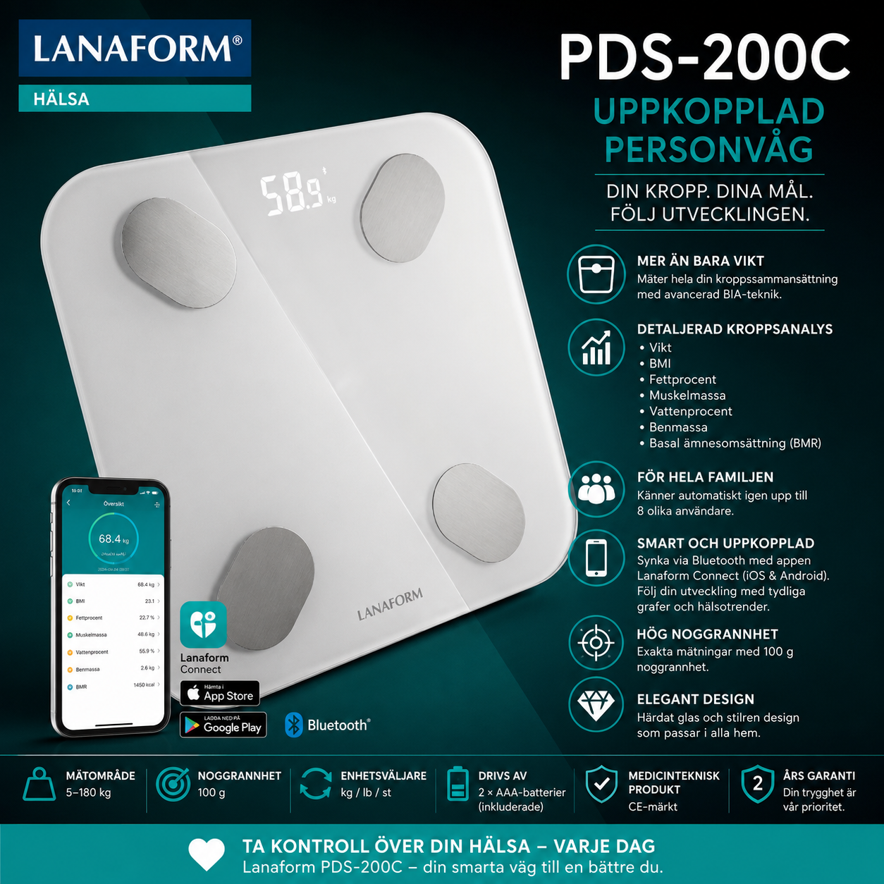 Lanaform PDS-200C – Smart personvåg med app, kroppssammansättning och Bluetooth
