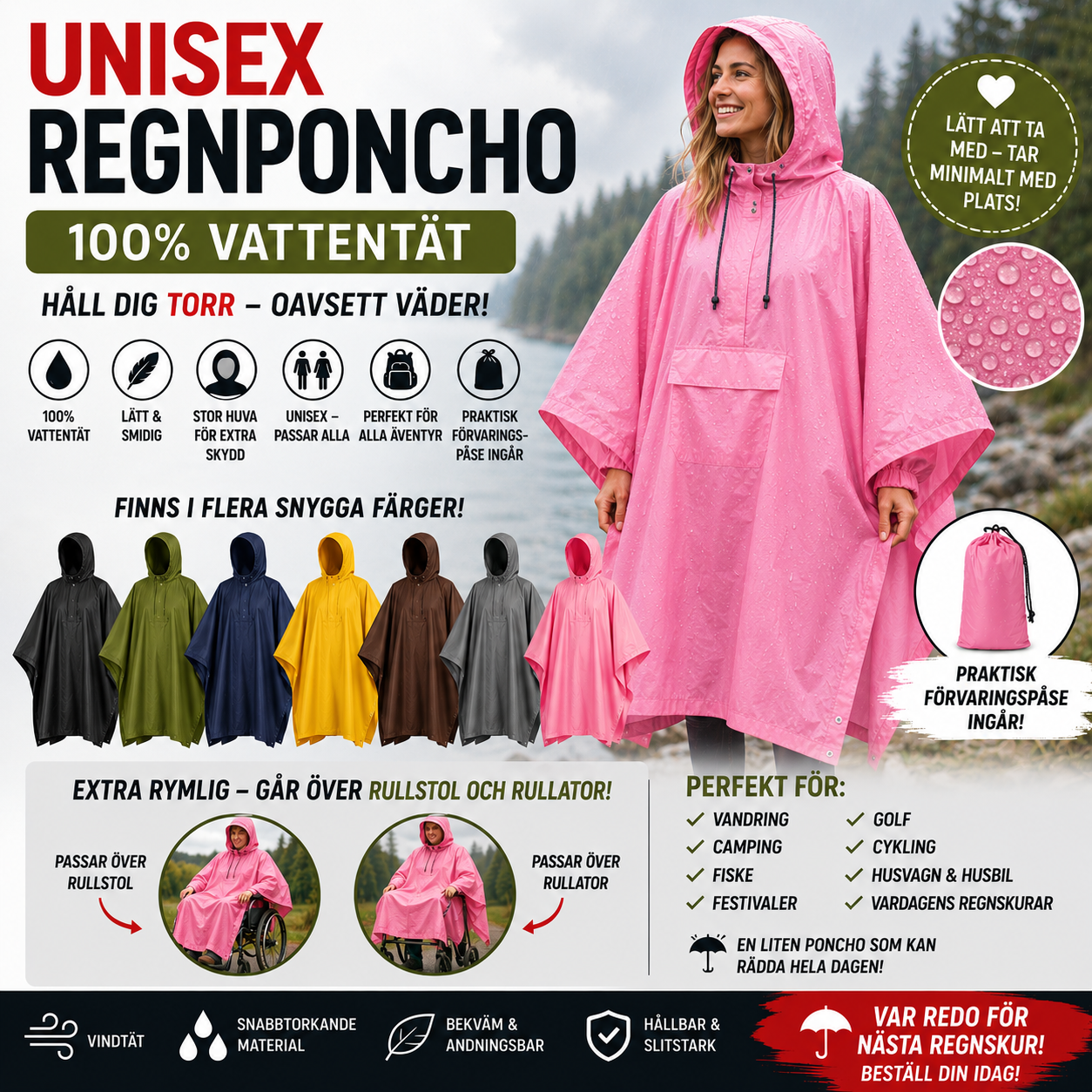 🌧️ Regnponcho med huva – Vattentät & Multifunktionell