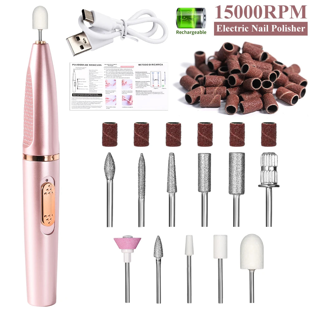Portable Wireless Nail Drill Machine Rechargeable 15000 RPM Manicure Polisher with 11pcs Durable Grinding Heads & Sand Rings Set