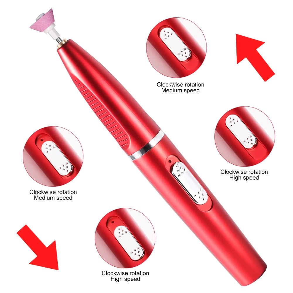 Portable Wireless Nail Drill Machine Rechargeable 15000 RPM Manicure Polisher with 11pcs Durable Grinding Heads & Sand Rings Set