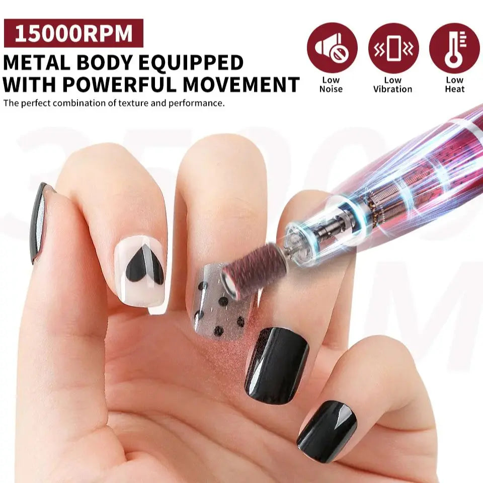 Portable Wireless Nail Drill Machine Rechargeable 15000 RPM Manicure Polisher with 11pcs Durable Grinding Heads & Sand Rings Set