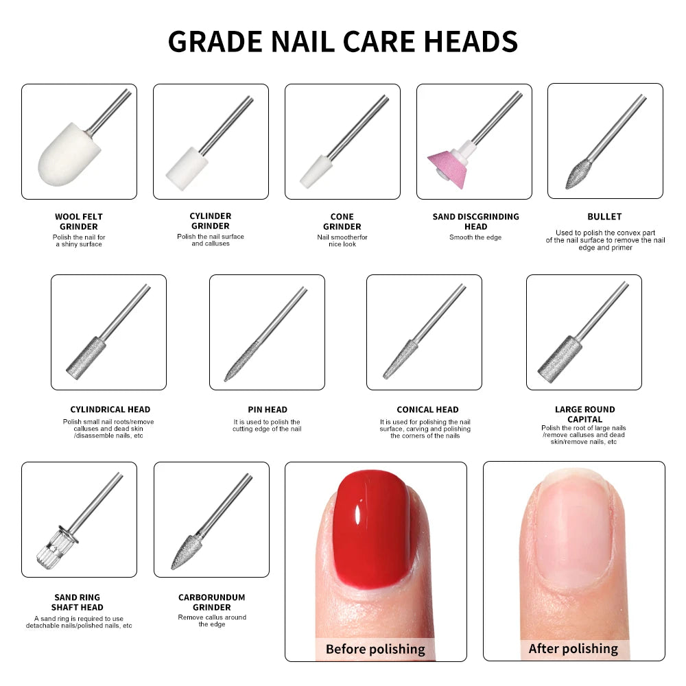 Portable Wireless Nail Drill Machine Rechargeable 15000 RPM Manicure Polisher with 11pcs Durable Grinding Heads & Sand Rings Set