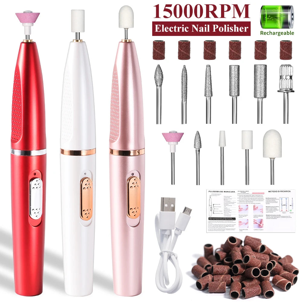 Portable Wireless Nail Drill Machine Rechargeable 15000 RPM Manicure Polisher with 11pcs Durable Grinding Heads & Sand Rings Set