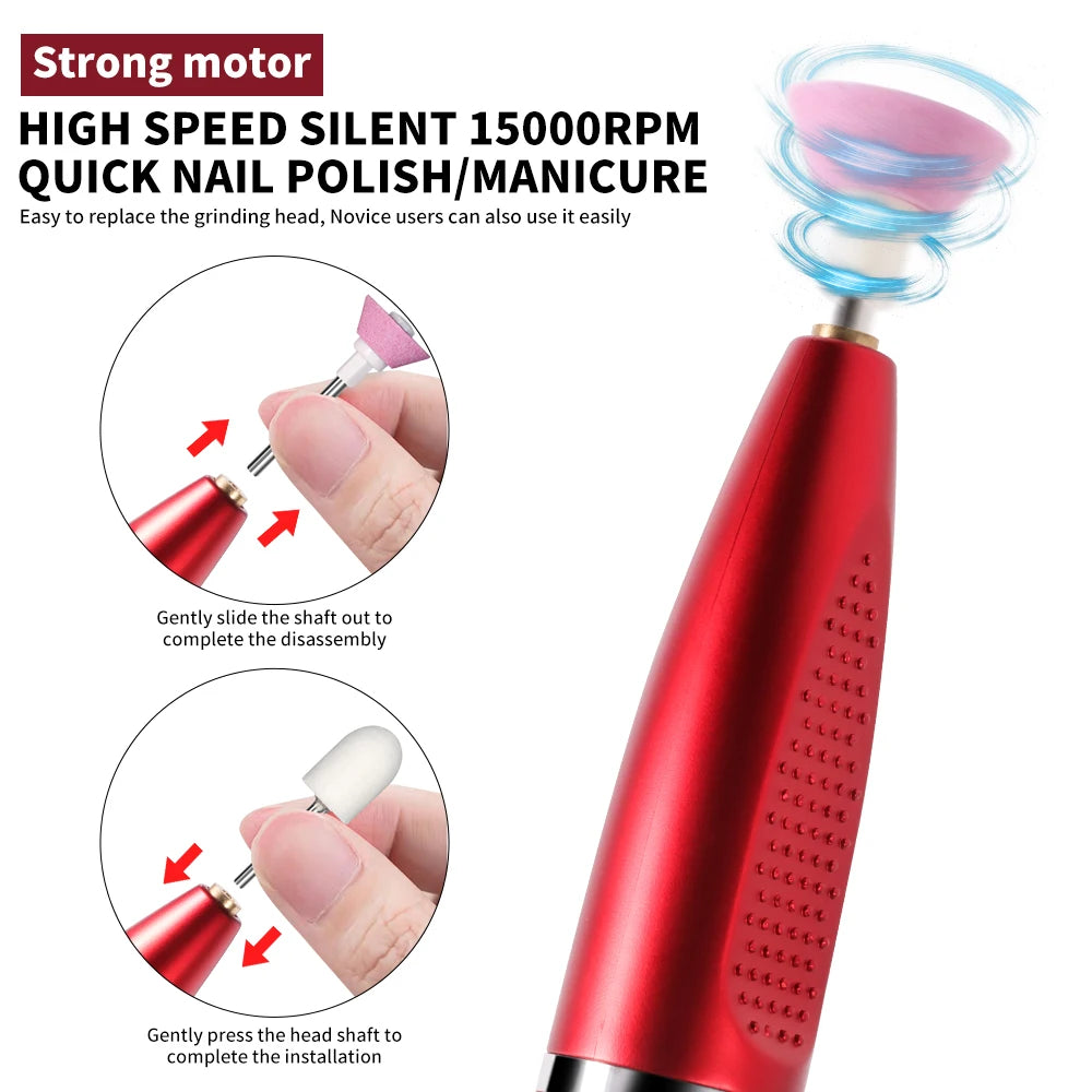 Portable Wireless Nail Drill Machine Rechargeable 15000 RPM Manicure Polisher with 11pcs Durable Grinding Heads & Sand Rings Set